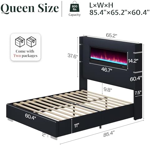 Alternative view of Jocisland Modern Queen Size Bed Frame with Fireplace, Platform Bed Frame with 60.4“ Extra Tall Wingback Headboard, Corduroy Upholstered Bed Frame with Wooden Slats/No Box Spring Needed, Black  Amazon.ca: Home