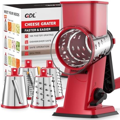GDL Rotary Cheese Grater Hand Crank - Upgraded Cheese Shredder with 4 Interchangeable Blades, Rotary Grater with Non-Slip Suction Base, Easy to Clean Kitchen Grater Slicer Grinder for Vegetable Nuts Amazon.ca: Home