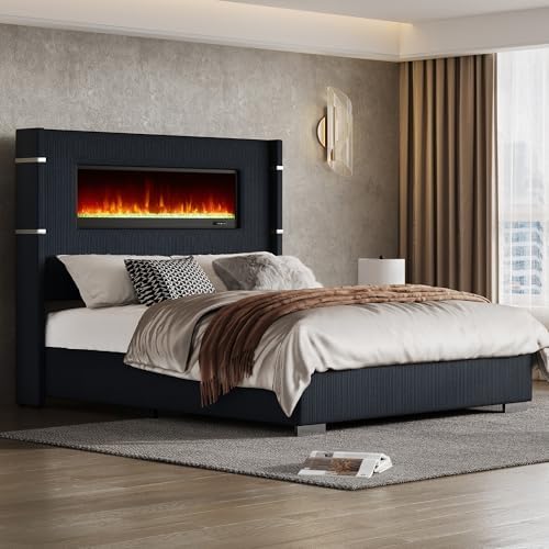 Jocisland Modern Queen Size Bed Frame with Fireplace, Platform Bed Frame with 60.4“ Extra Tall Wingback Headboard, Corduroy Upholstered Bed Frame with Wooden Slats/No Box Spring Needed, Black Amazon.ca: Home