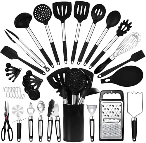 40PCs Silicone Cooking Utensils Set 446℉ Heat Resistance, RFAQK BPA Free Kitchen Utensils Set for Nonstick Cookware, Gadgets Includes Can Opener, Potato Smasher,Peeler,Tongs,Spatula Set,Pizza Cutter Amazon.ca: Home