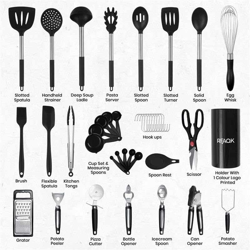 40PCs Silicone Cooking Utensils Set 446℉ Heat Resistance, RFAQK BPA Free Kitchen Utensils Set for Nonstick Cookware, Gadgets Includes Can Opener, Potato Smasher,Peeler,Tongs,Spatula Set,Pizza Cutter Amazon.ca: Home - Image 3